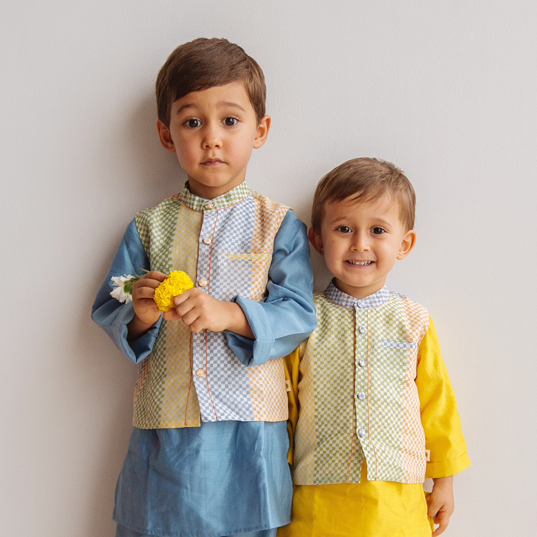 Spot The Checks - Chanderi Kurta Pyjama & Bandi Set | Hand-Block Printed - Sky