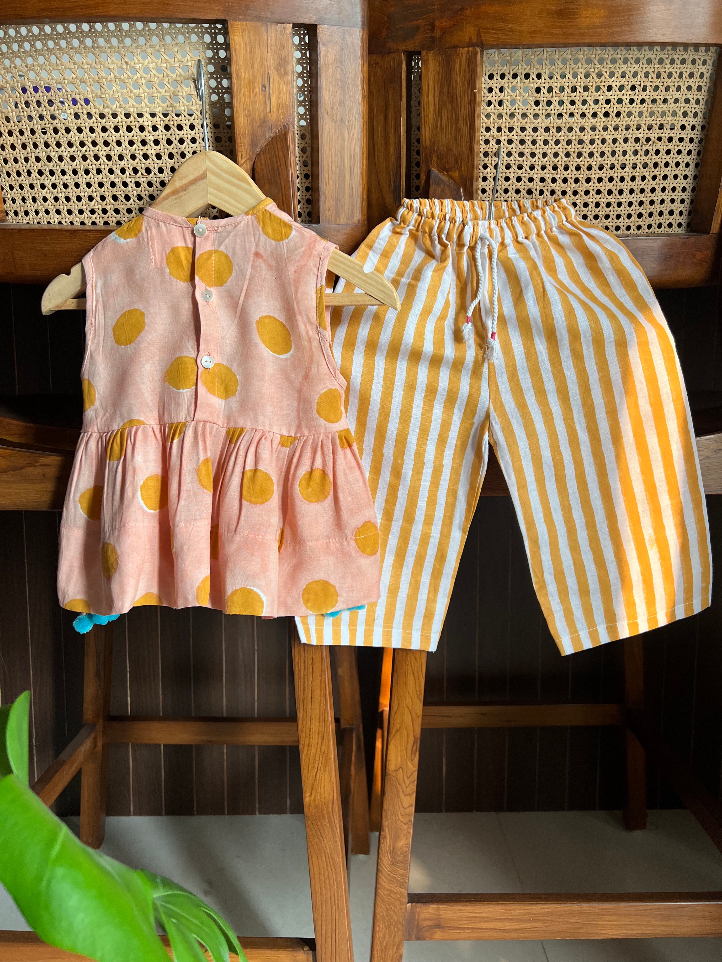 Mustard Yellow Polka Stripes Block Print Set