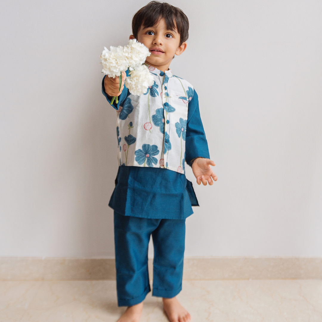 Poppy Fields - Chanderi Kurta Pyjama & Bandi Set | Hand-Block Printed - Sapphire