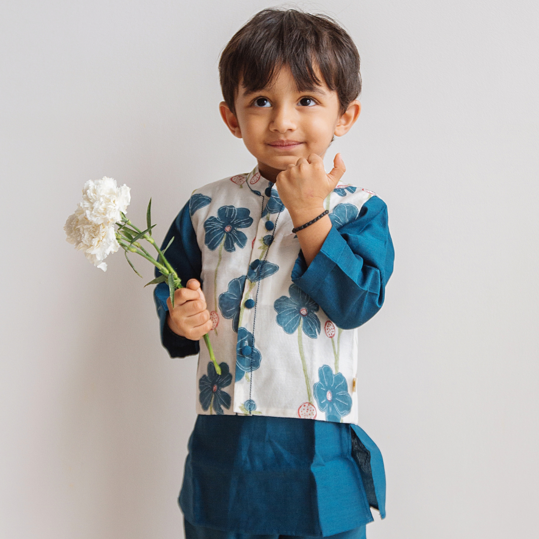 Poppy Fields - Chanderi Kurta Pyjama & Bandi Set | Hand-Block Printed - Sapphire