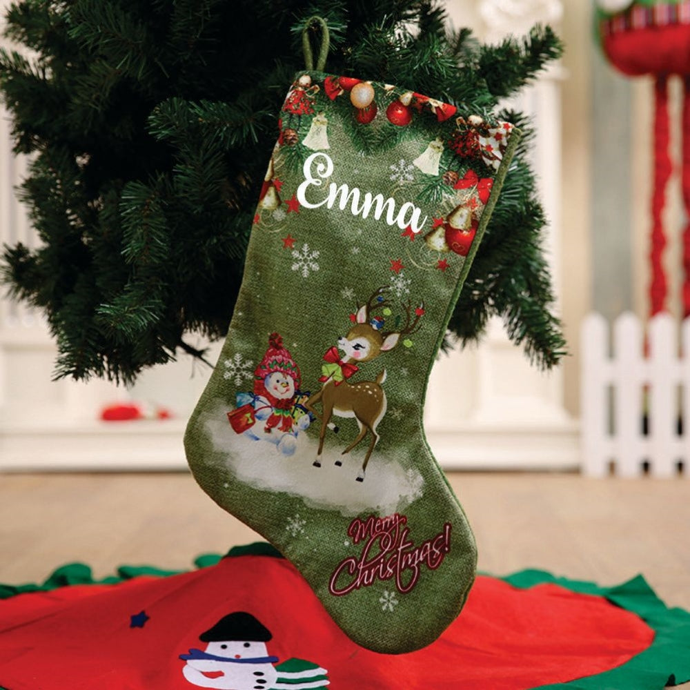 Snowman & Friends Velveteen Stockings- Reindeer with Snowman