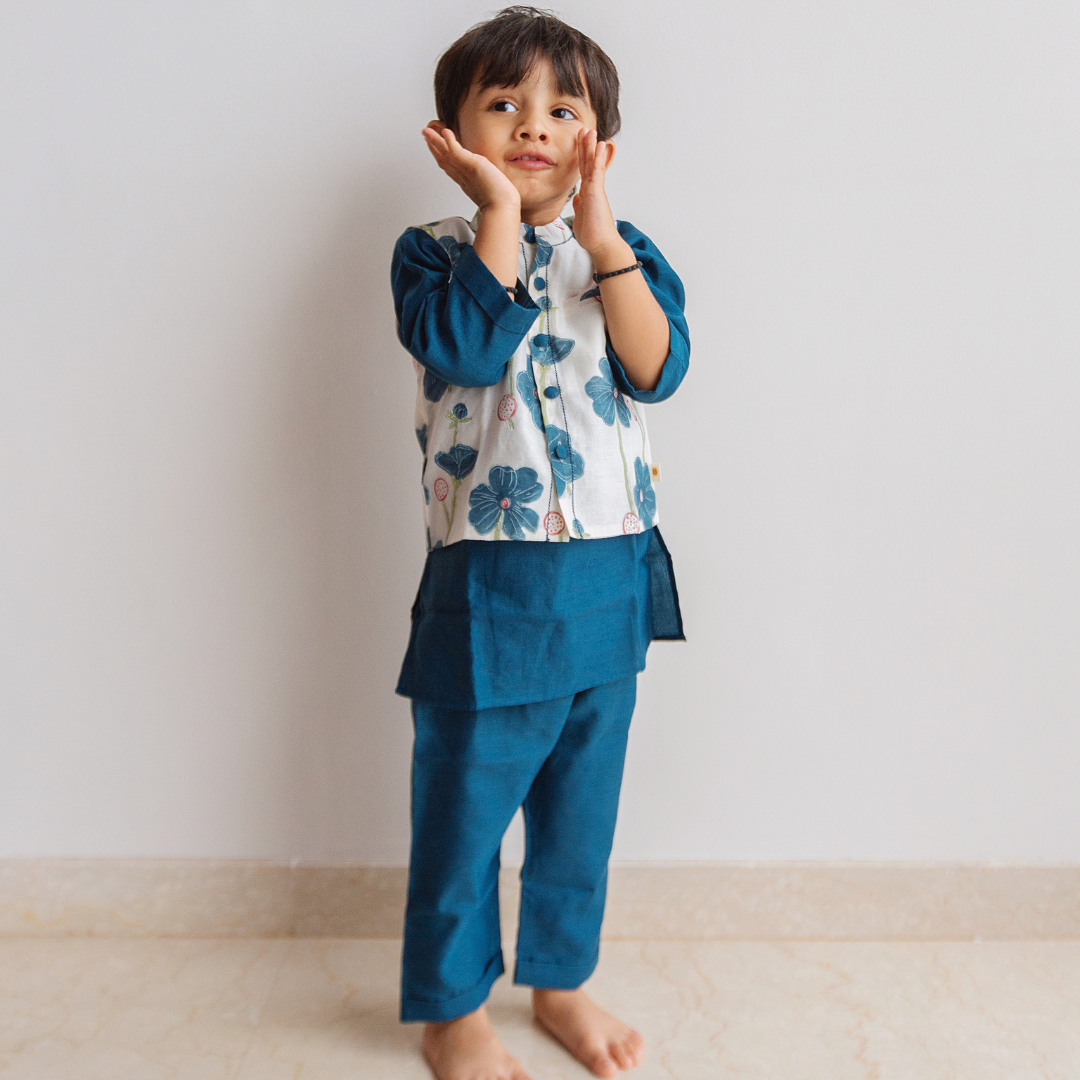 Poppy Fields - Chanderi Kurta Pyjama & Bandi Set | Hand-Block Printed - Sapphire