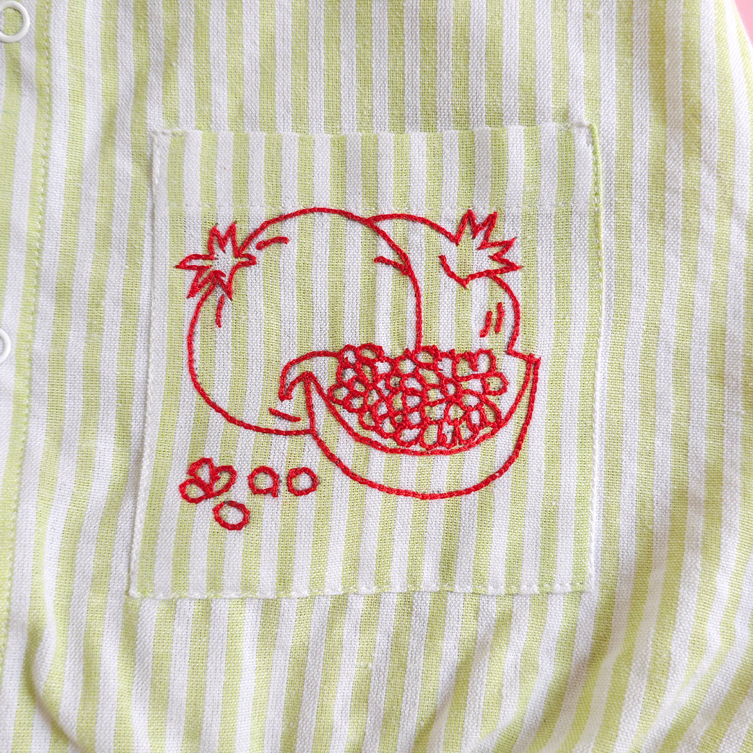 Green and White Striped Embroidered Romper with Pockets - Pomegranates