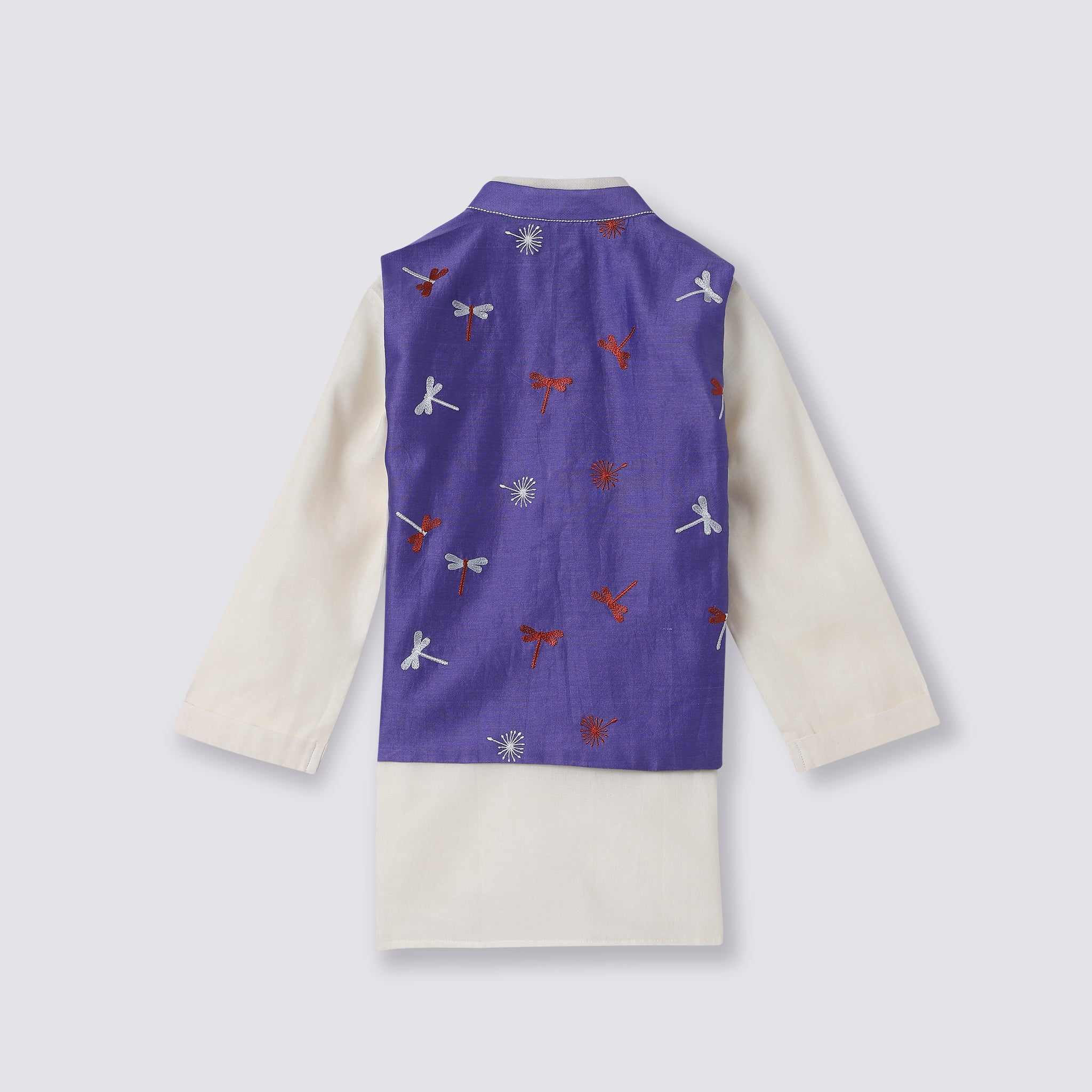 Chanderi Kurta Pyjama & Bandi Set | Embroidered - Dancing with Dragonflies (Amethyst)