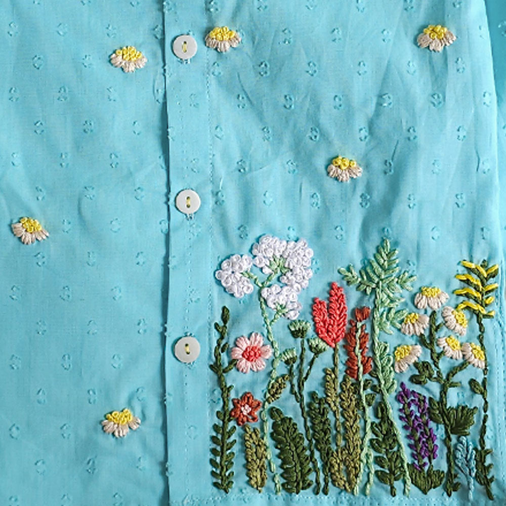 Flower Garden - Cotton Hand Embroidered Light Blue Kurta paired with Patiala Pants