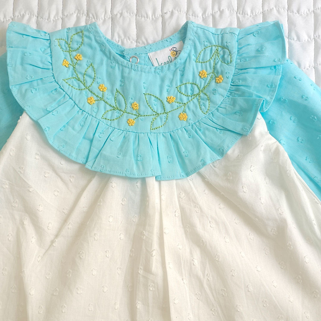 Embroidered Blue and White Puffed Sleeve Dress - Garland of Flowers