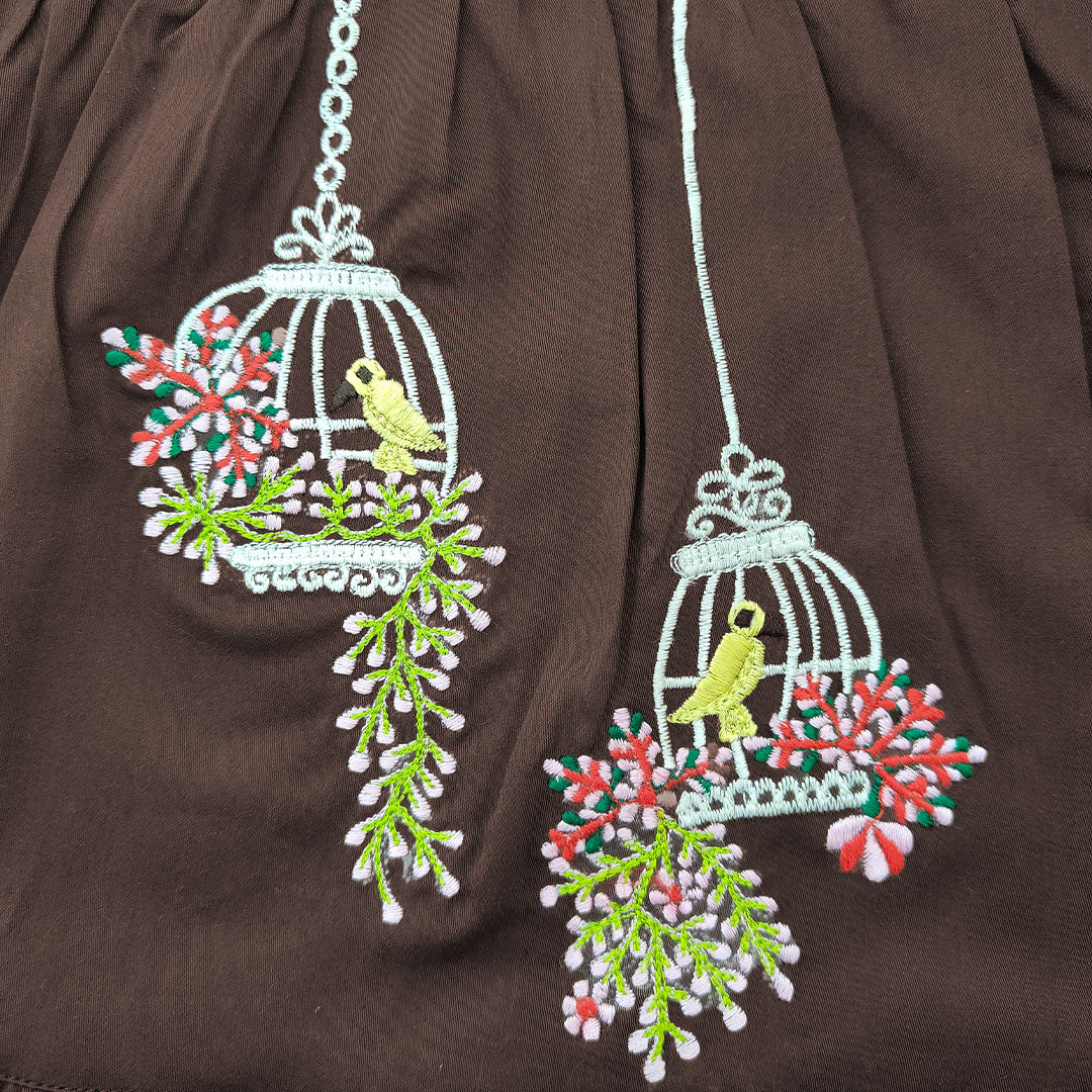 Embroidered Choco Brown Wrap Dress - Birdcage Garden