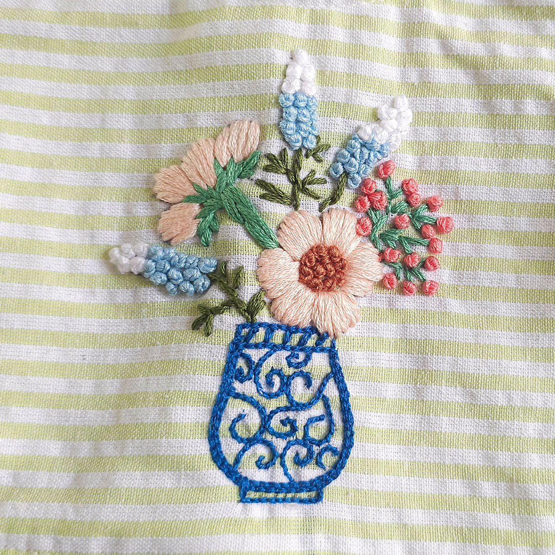 Green and White Striped Embroidered Romper with Ruffles - Flower Vase
