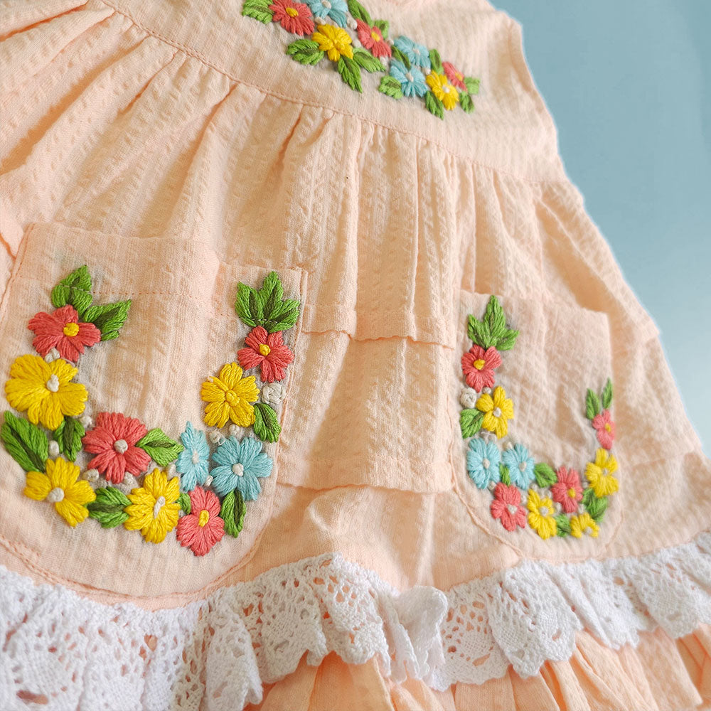 Keebee Organic Cotton Hand Embroidered Peony Dress - Peach
