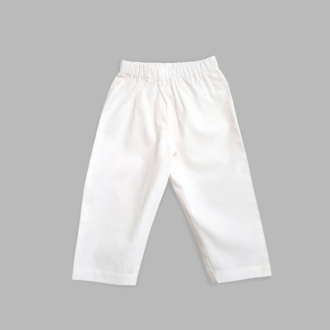 Turquoise Blue - Cotton Floral Embroidered Jacket Kurta and White Pajama Pants Set