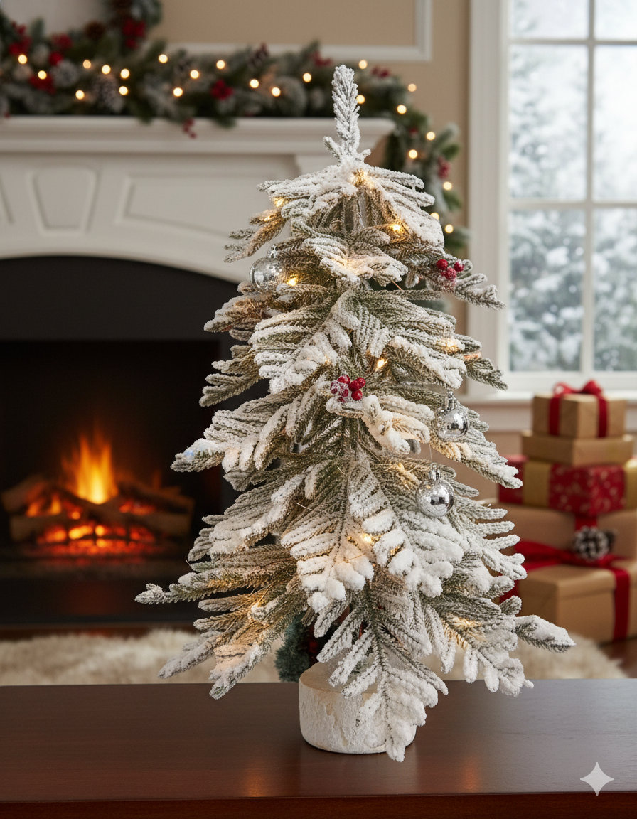 LUCE tabletop Christmas tree with frosting and wooden base – 2 feet