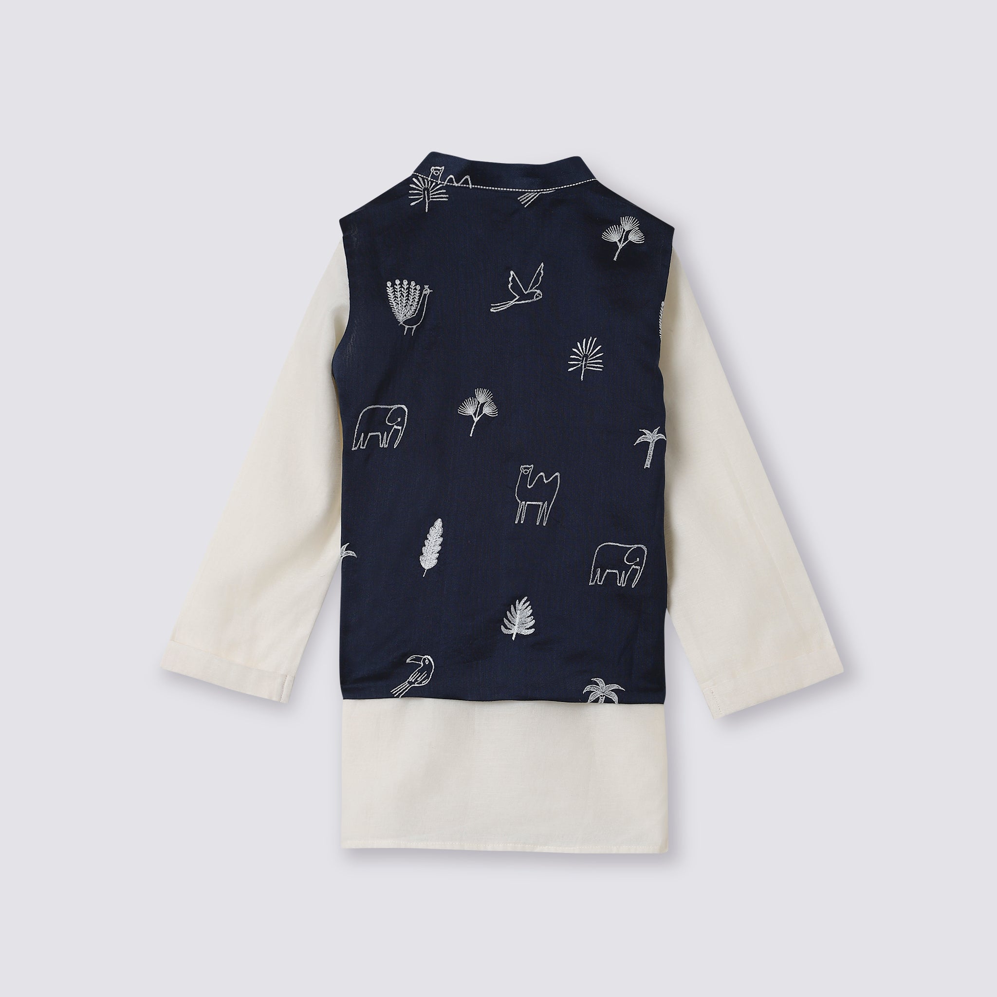 Chanderi Kurta Pyjama & Bandi Set | Embroidered - Magical Jungle (Royal Blue)
