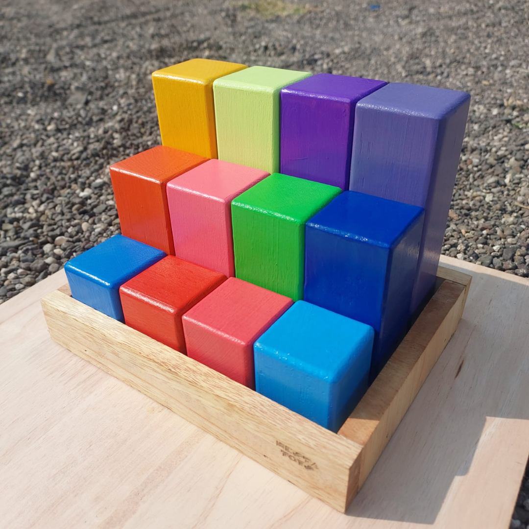 Wooden Building Blocks with Tray | Stacking Rainbow Toy (12 Pcs) - Totdot