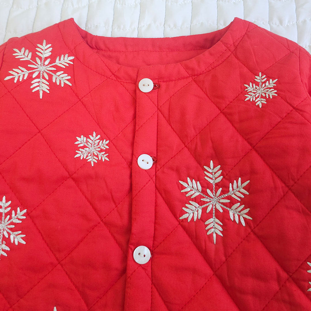 Snowflakes – Cotton Embroidered Red Button Up Quilted Jacket