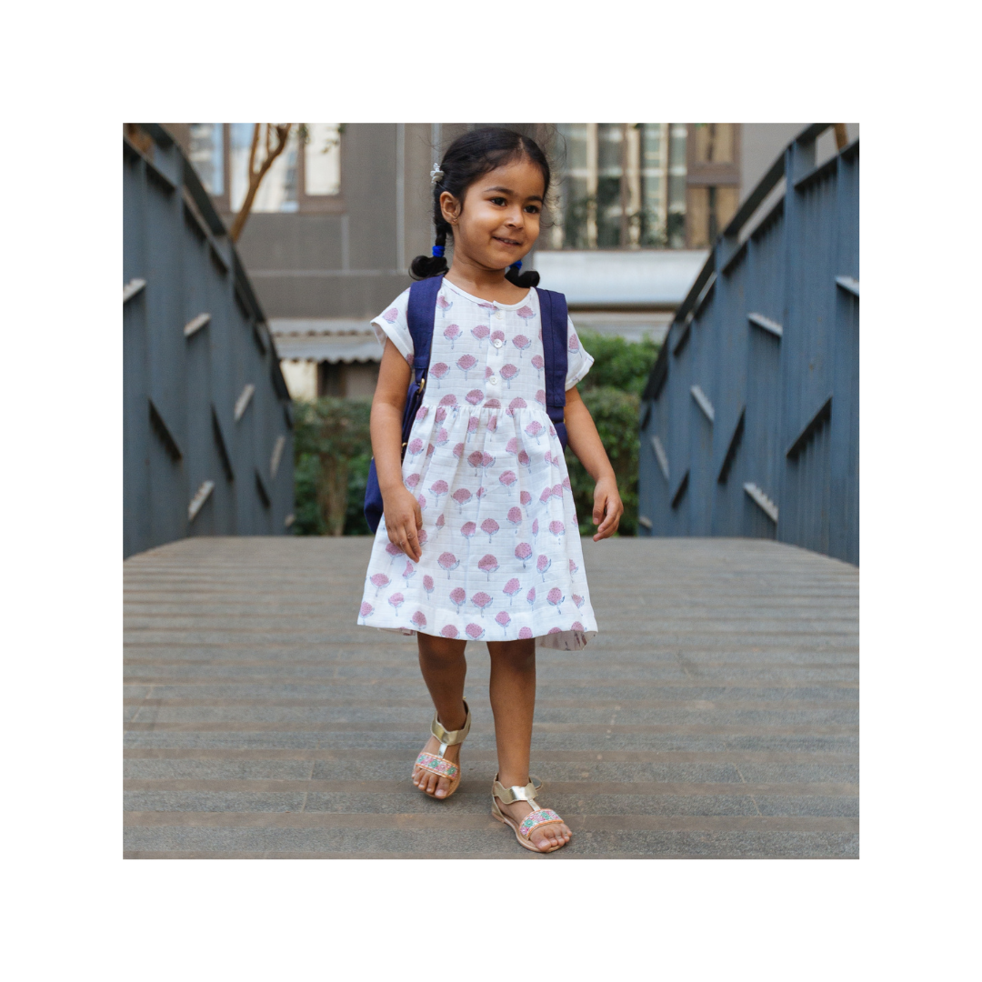 Organic Muslin Dress | Hand-Block Printed | Cotton Cheer Pink Bud - Totdot