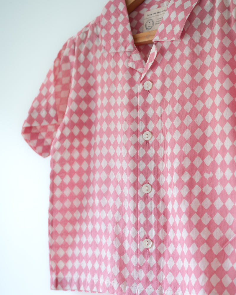 Boogie Pink Rhombus Short Sleeve Cuban Collar Shirt