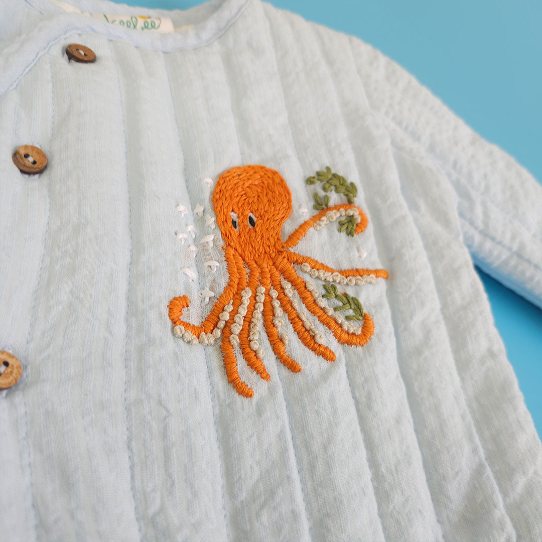 Octopus - Cotton Embroidered Baby Blue Button Up Quilted Jacket