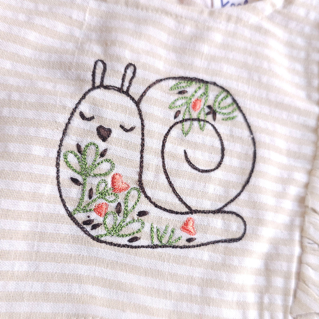 Beige and White Striped Embroidered Romper with Ruffles - Garden Snail