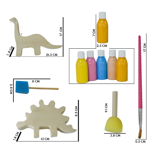 DIY Kit-Dino Set of 2- 2 Wooden Dinosaurs, 5 Color Bottles, 2 Paint Brush, 2 Sponge Brush with different size