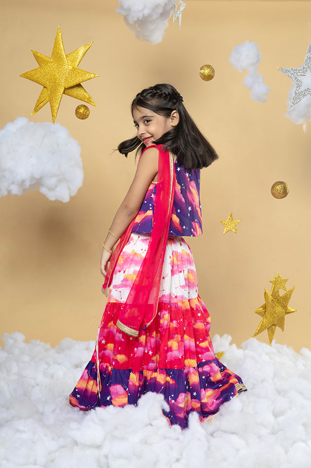 Sky Is The Limit Purple Layered Lehenga and Halter Neck Blouse Set for Girls Little Shiro