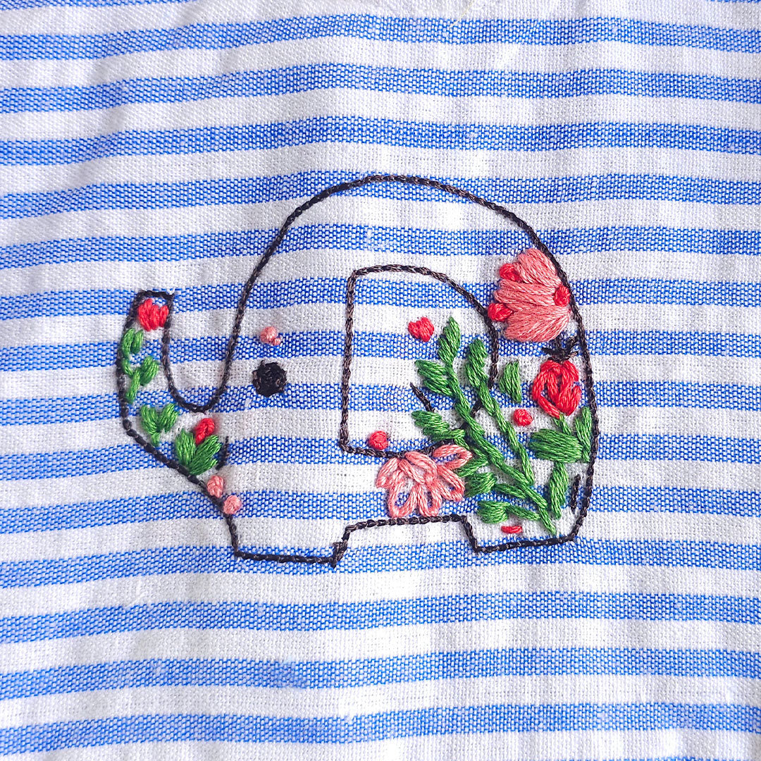 Blue and White Striped Embroidered Romper with Ruffles - Elephant in the Bloom