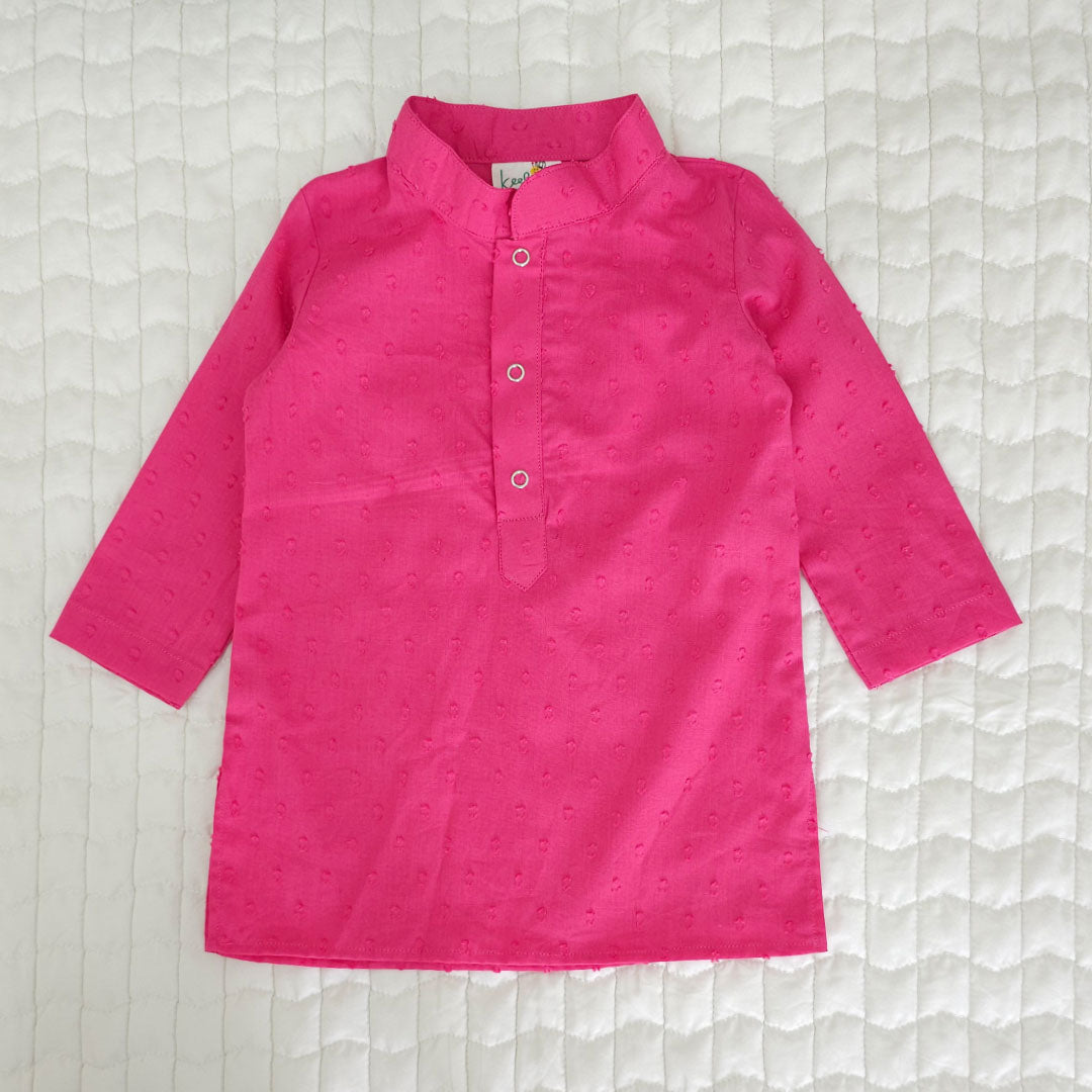 Hot Pink - Cotton Floral Embroidered Jacket Kurta and White Pajama Pants Set