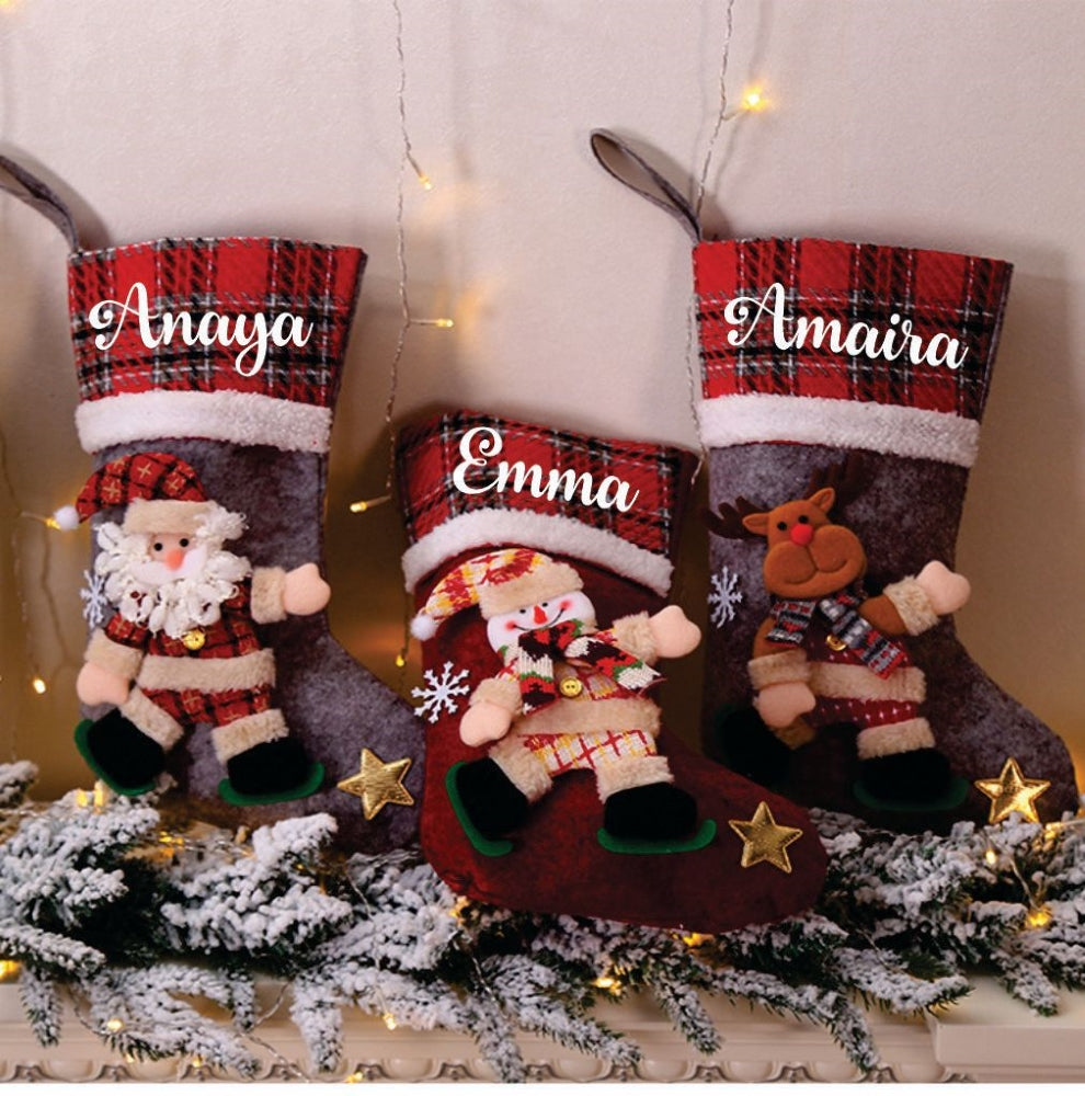 Plaid Band Stockings - Snowy Snowman