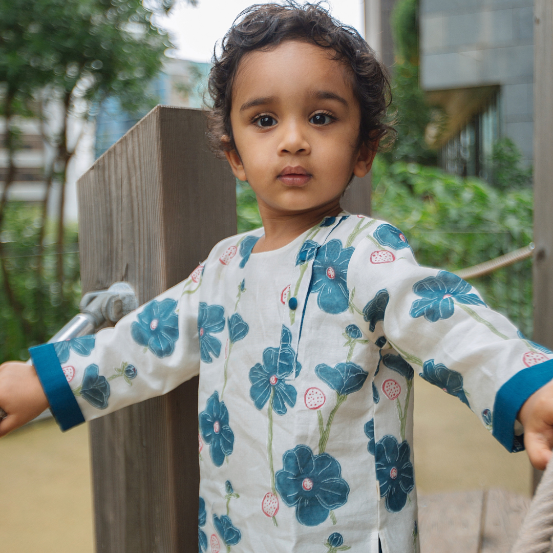 Chanderi Kurta Pyjama Set - Poppy Fields (Sapphire)