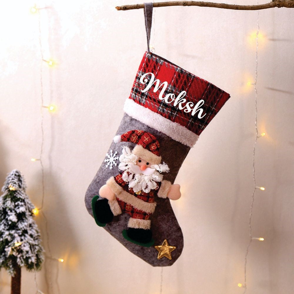 Plaid Band Stockings - Happy Santa