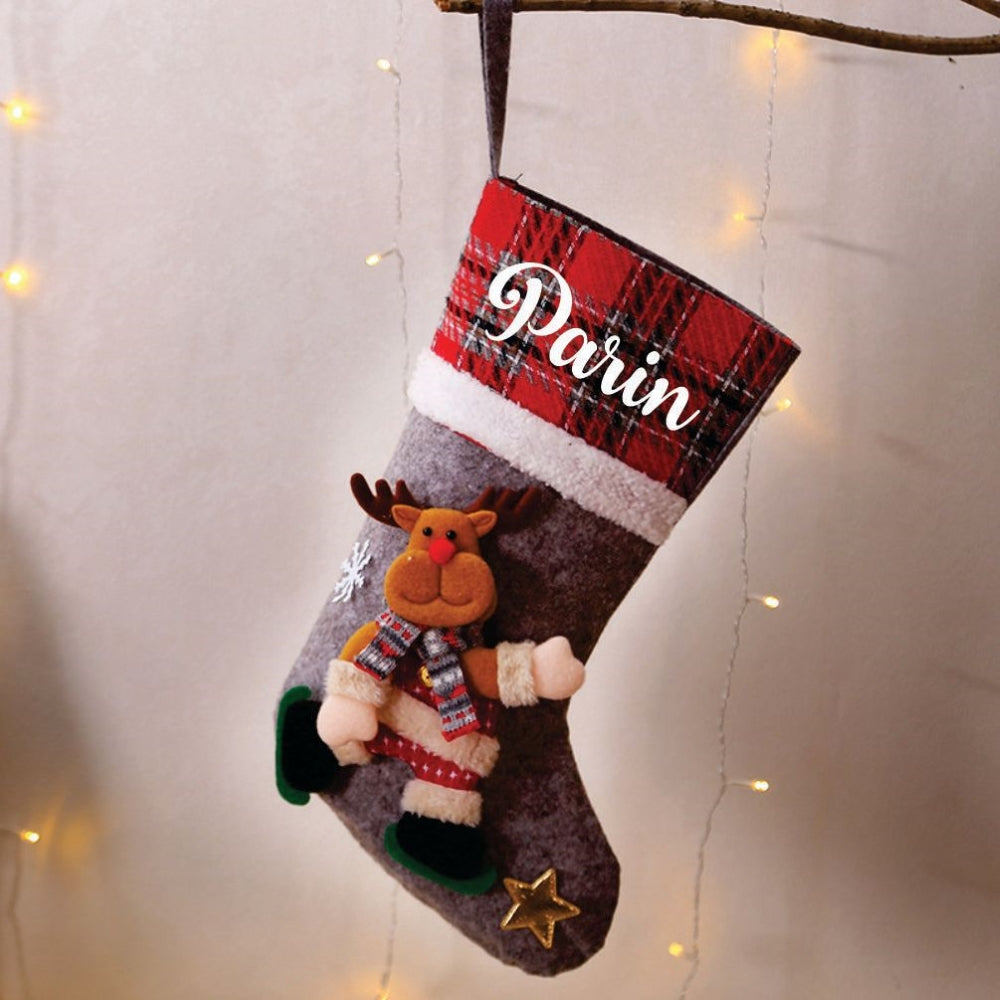 Plaid Band Stockings - Merry Moose