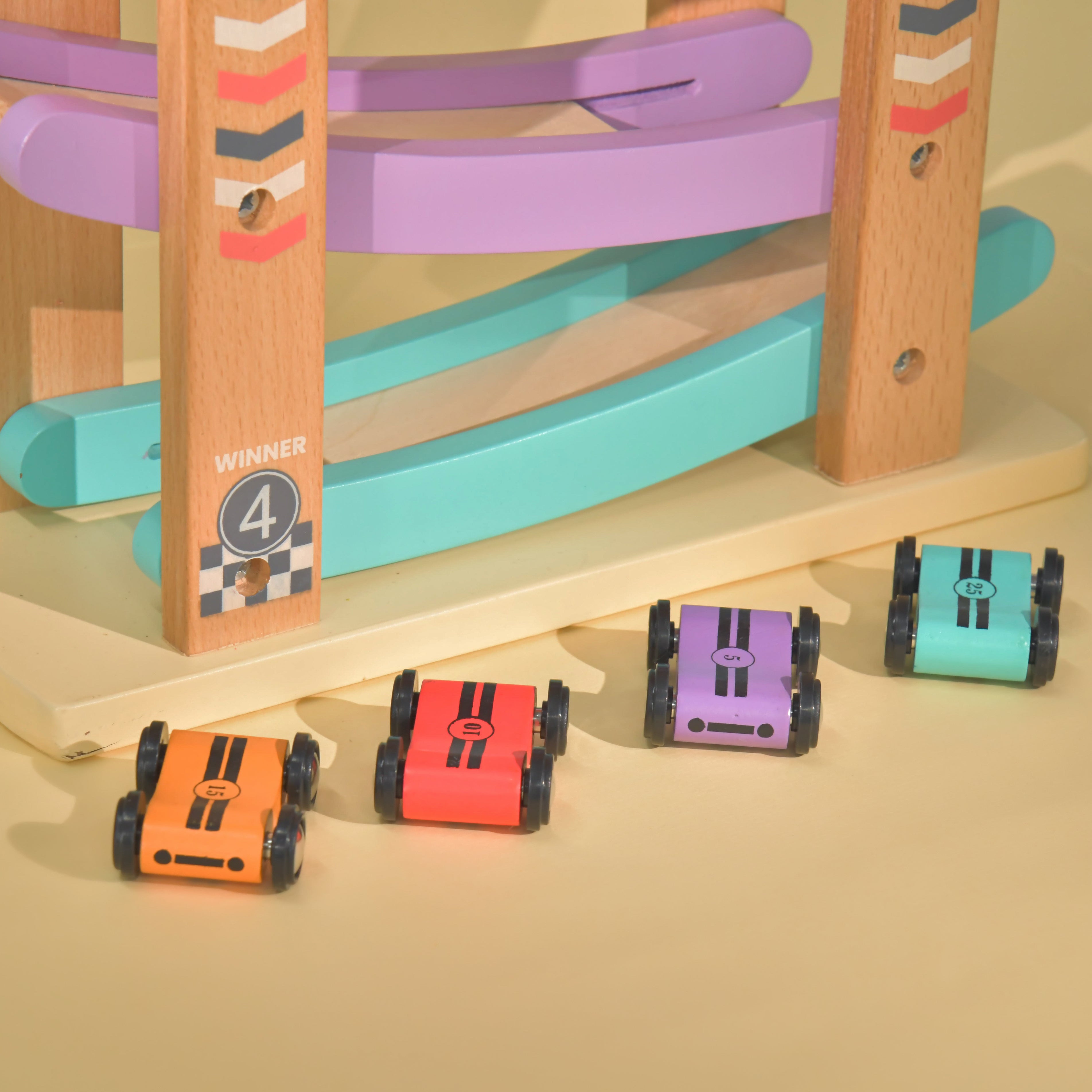 Speedy Wheels Wooden Ramp Racer Toy with 4 Car Ramps, 4 Mini Cars - Wood Race Track for 1 to 7 Years Toddlers, Boys & Girls – Educational Vehicle Toys- Multi Color
