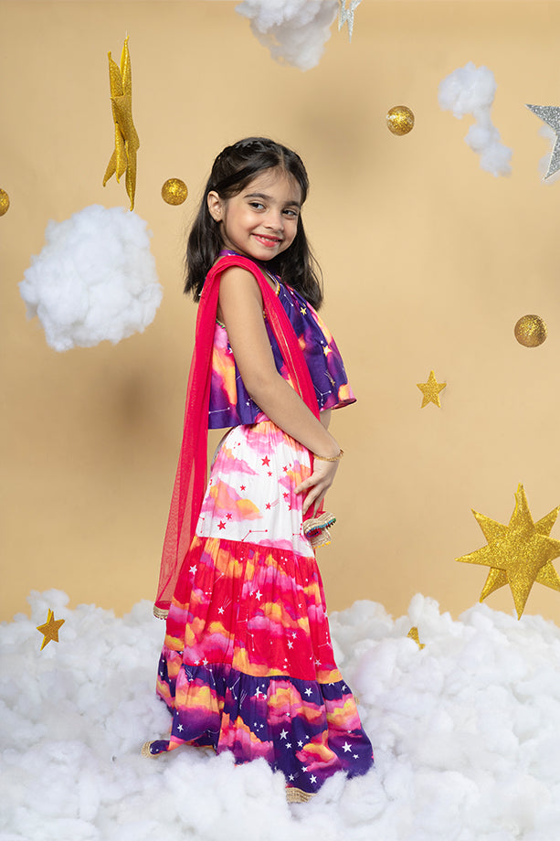 Sky Is The Limit Purple Layered Lehenga and Halter Neck Blouse Set for Girls Little Shiro