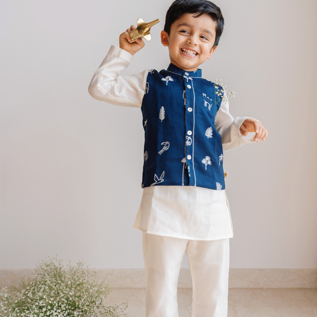 Chanderi Kurta Pyjama & Bandi Set | Embroidered - Magical Jungle (Royal Blue)