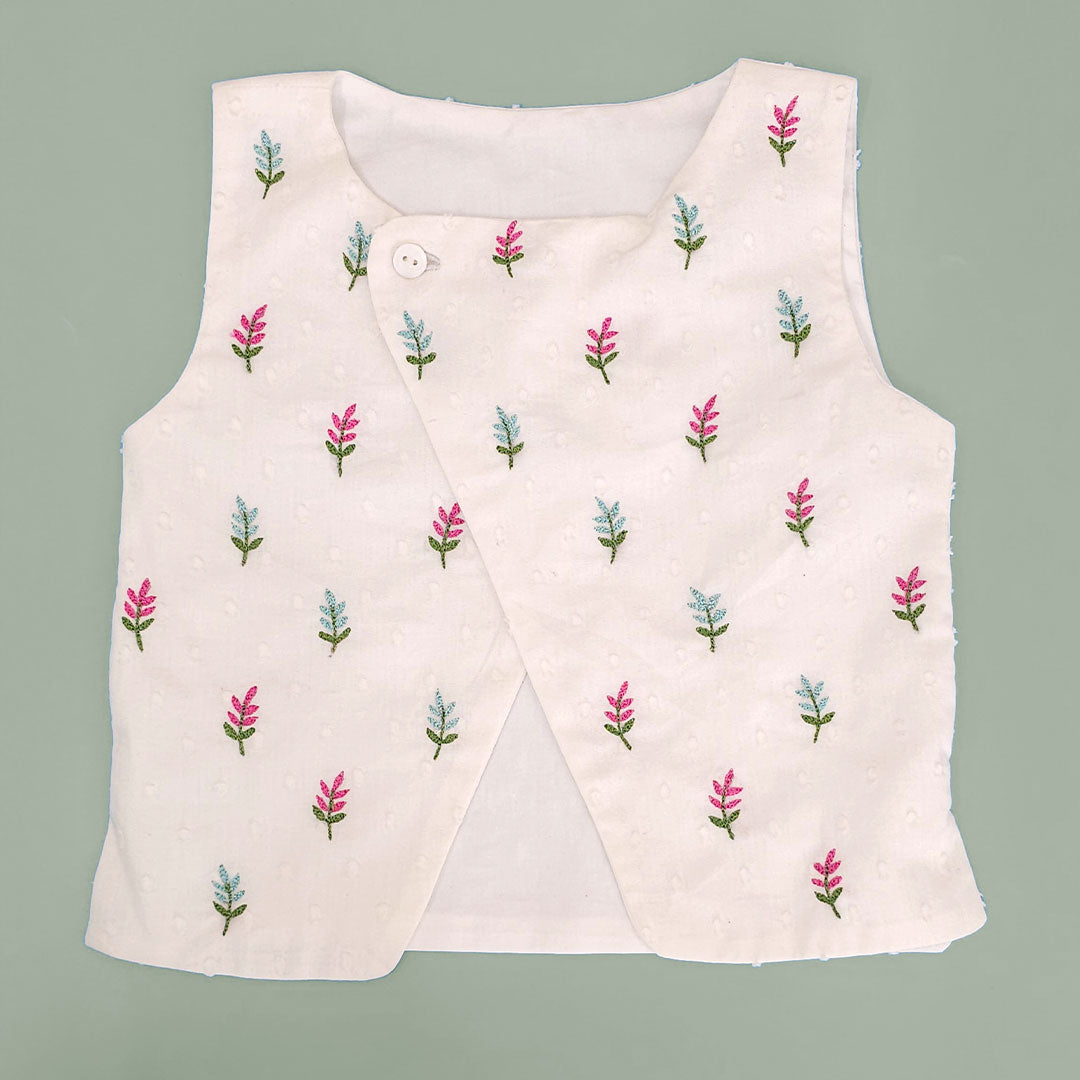 Hot Pink - Cotton Floral Embroidered Jacket Kurta and White Pajama Pants Set