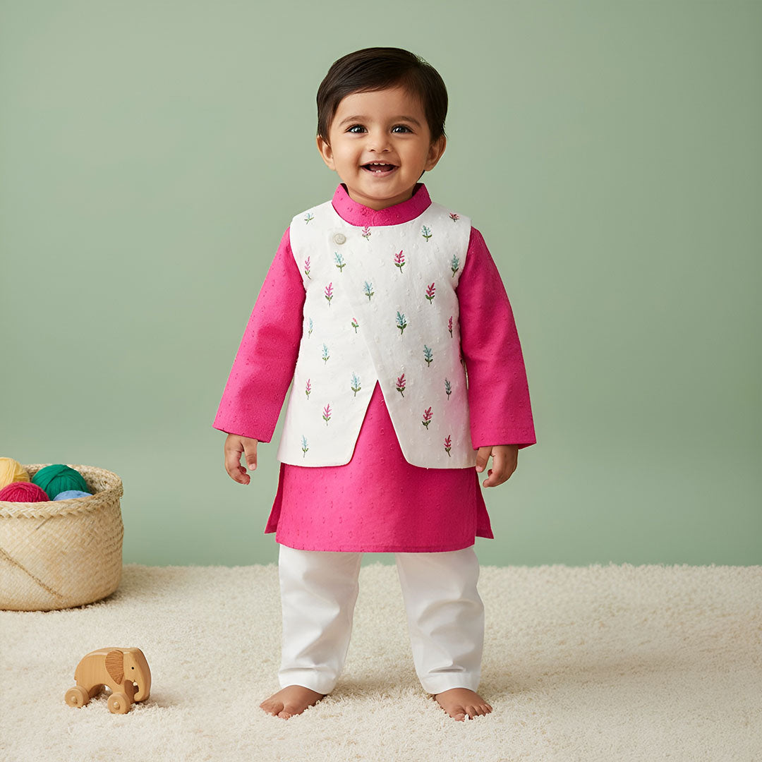 Hot Pink – Cotton Floral Embroidered Jacket Kurta and White Pajama Pants Set