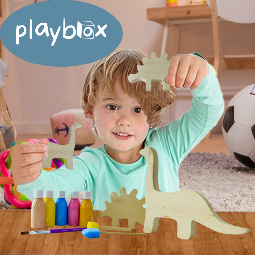 DIY Kit-Dino Set of 2- 2 Wooden Dinosaurs, 5 Color Bottles, 2 Paint Brush, 2 Sponge Brush with different size