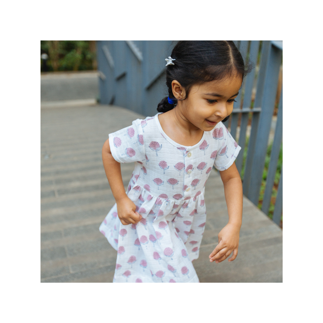 Organic Muslin Dress | Hand-Block Printed | Cotton Cheer Pink Bud - Totdot