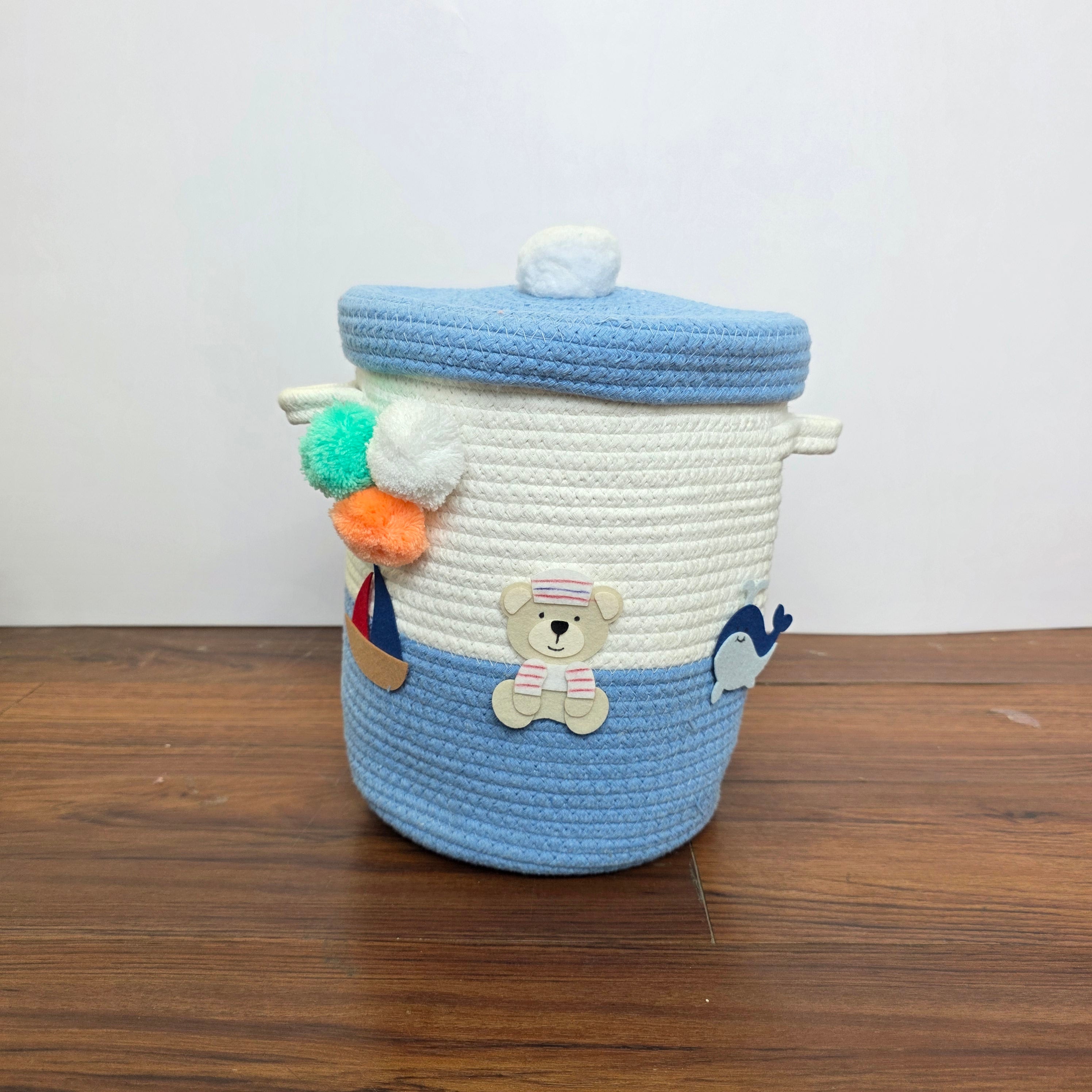 Jute Cotton Storage Basket with Lid - Seaside Skies