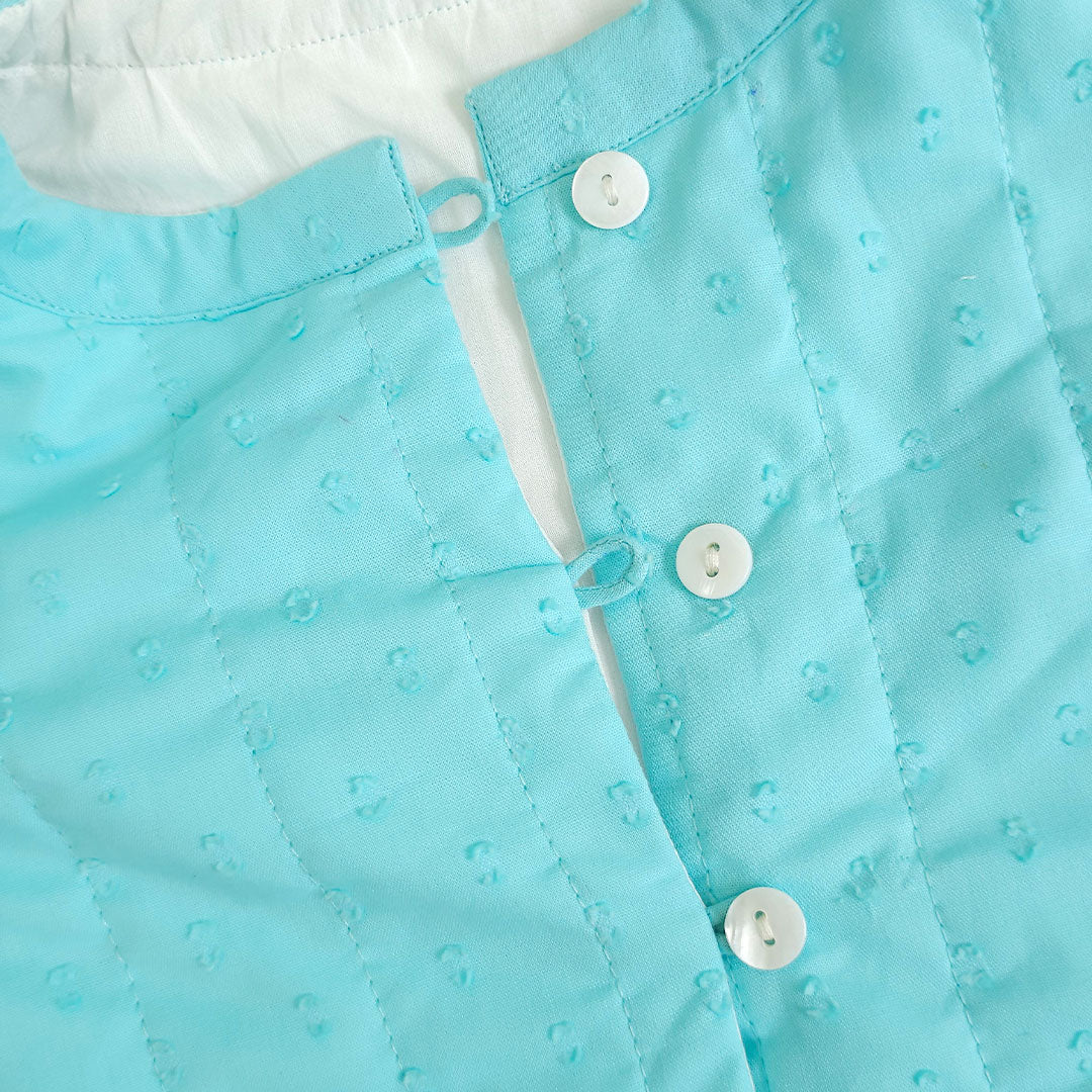 Frosty Plants - Cotton Embroidered Turquoise Blue Quilted Vest with Pockets