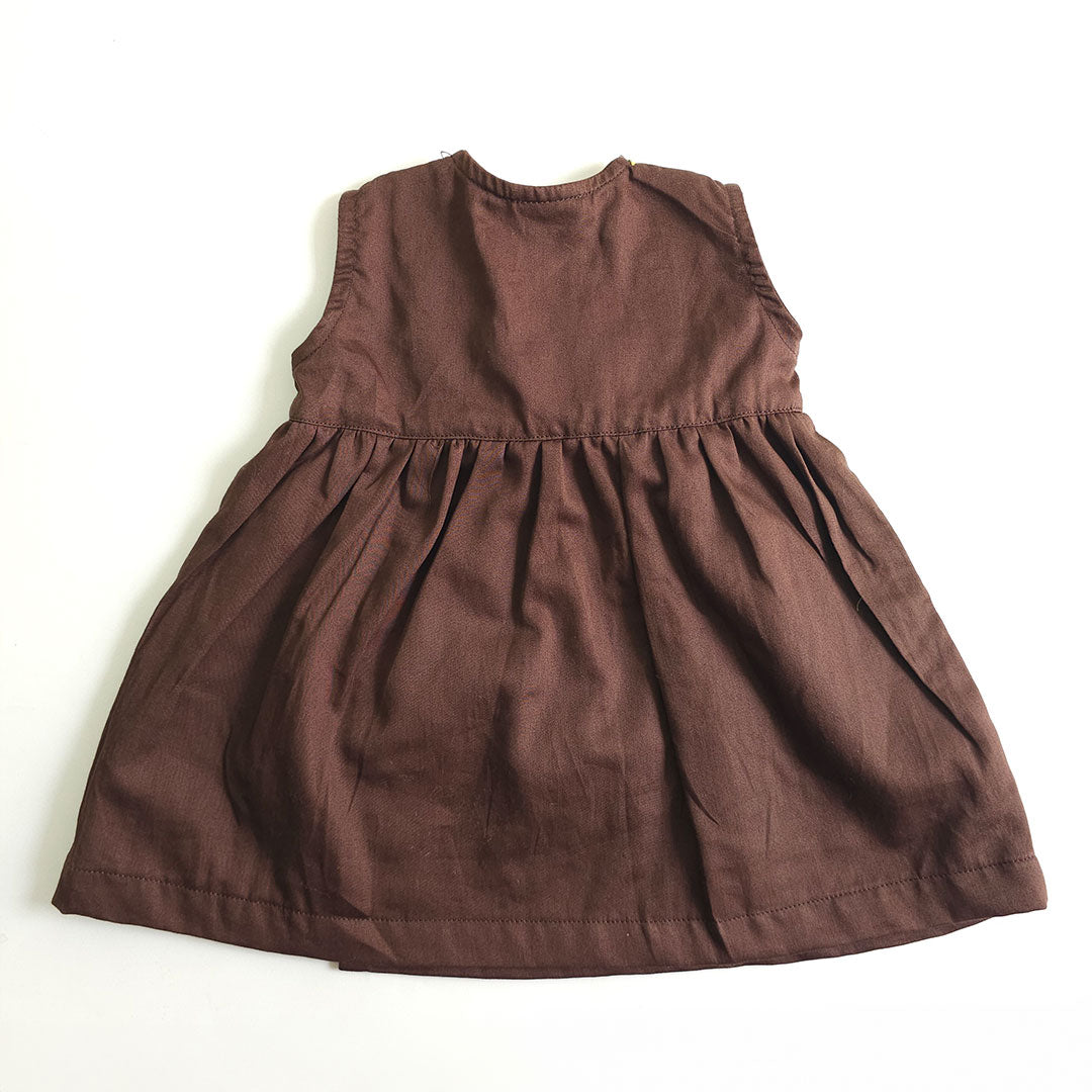 Embroidered Brown Overlap Dress - Sunflowers