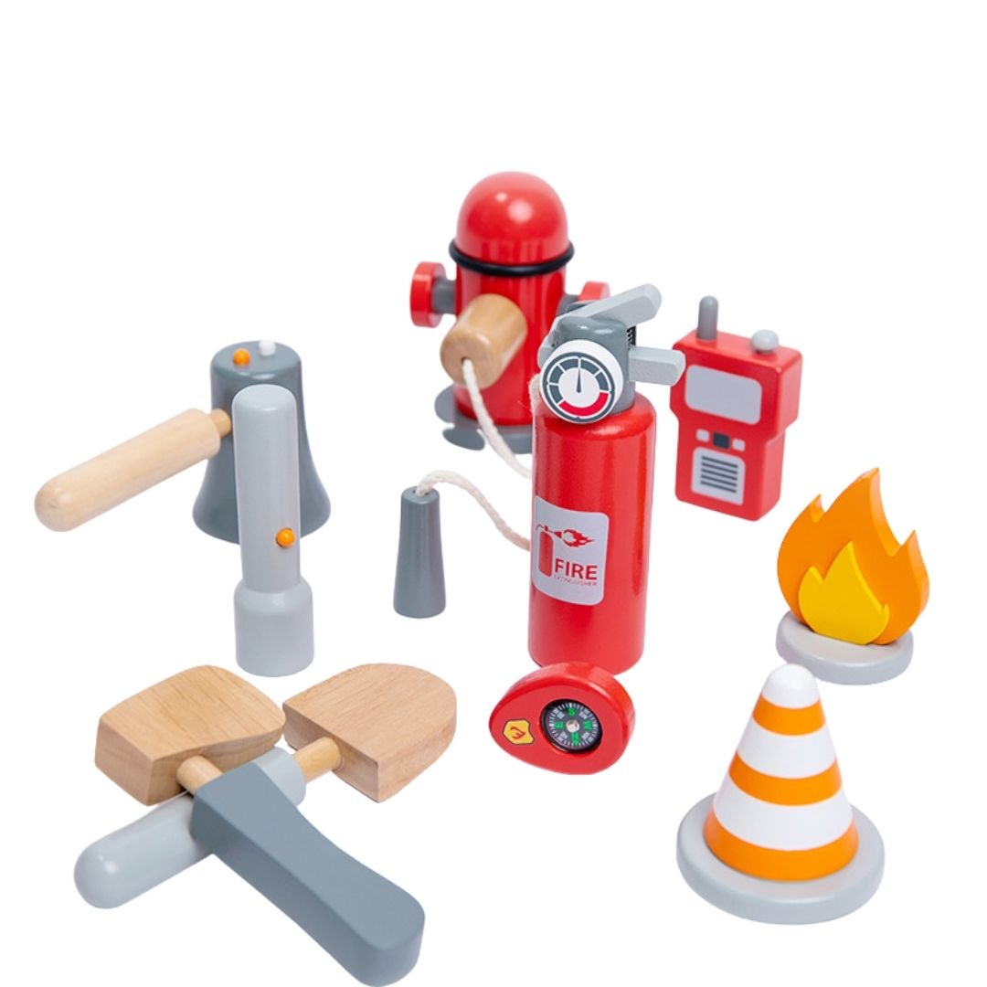 Wooden Firefighter Pretend Play Toy with Fireman Costume Kit 14 Pcs