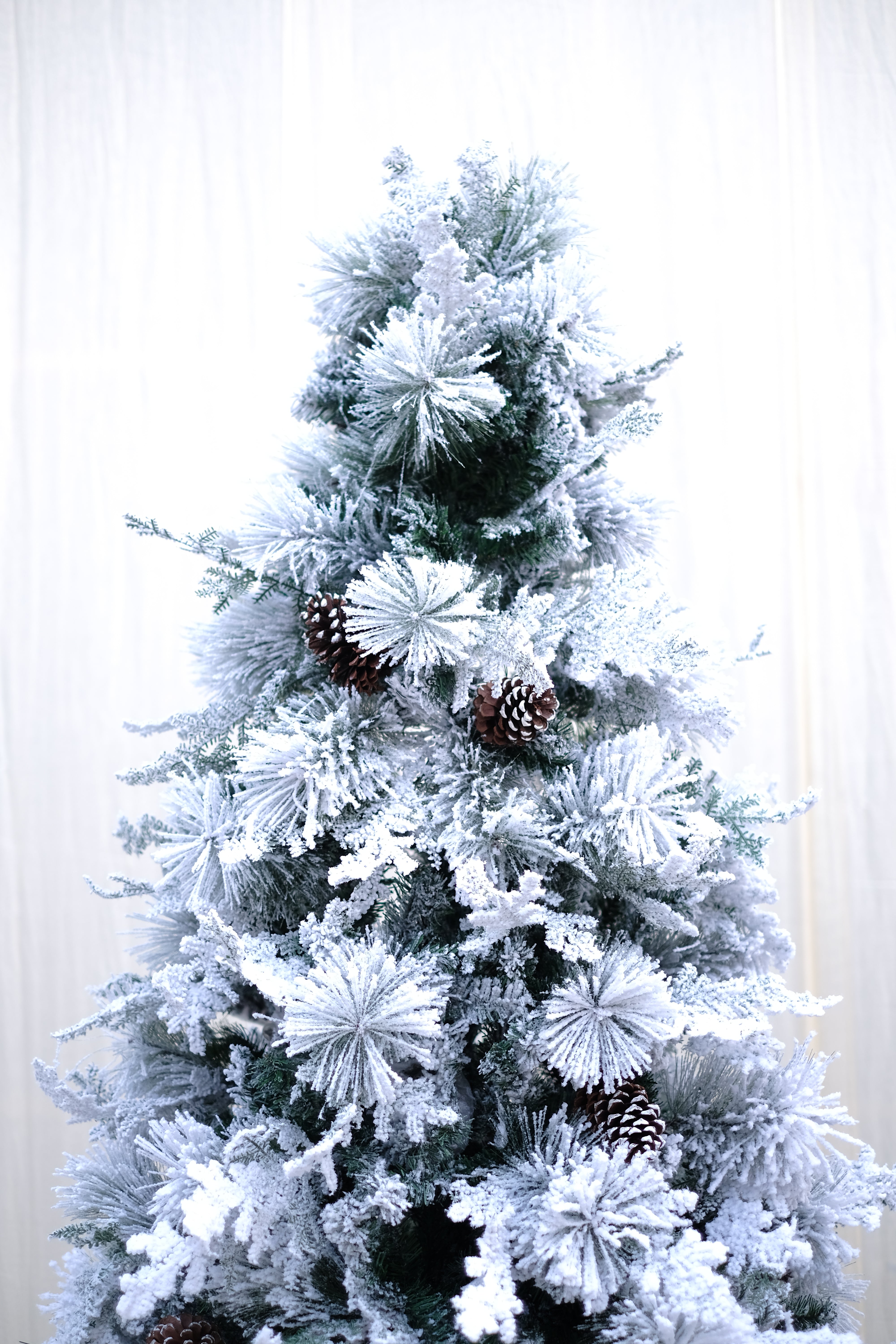 TRUE STAR Christmas tree with broad pine leaves, frosting and pine cones – 8 feet