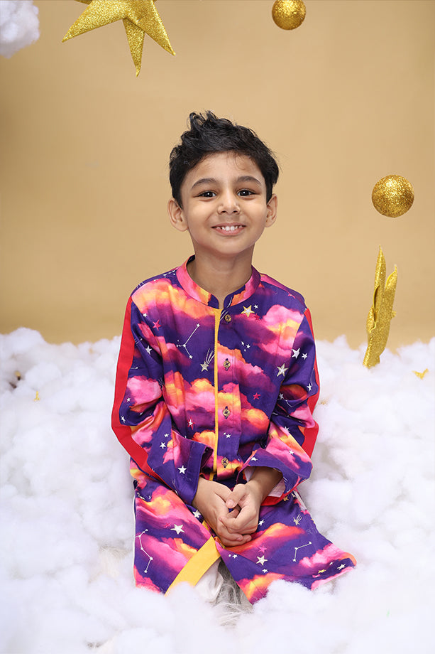 Whisper OF The Dusk Purple Kurta and Off-White Pants Set for Boys Little Shiro