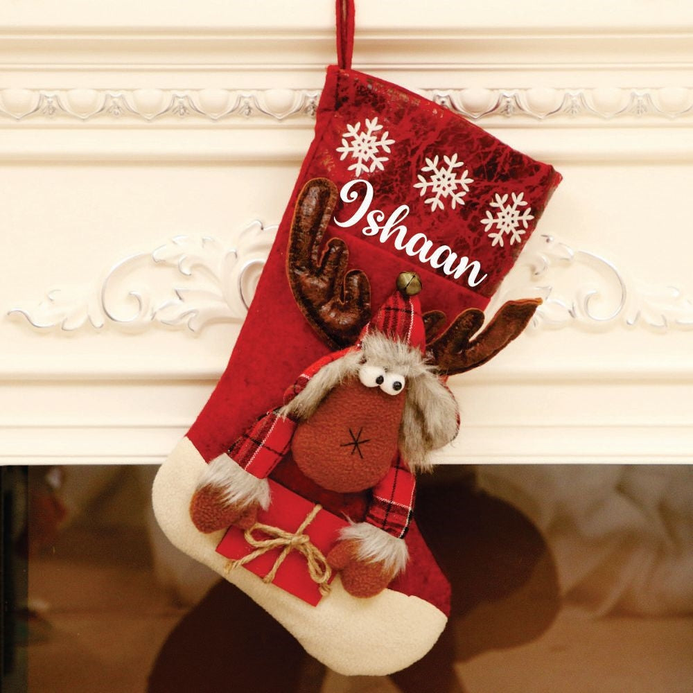 Red Gifts And Snowflake Stockings- Merry Moose