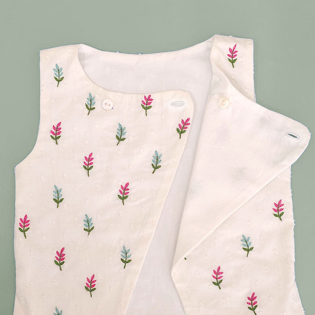 Turquoise Blue - Cotton Floral Embroidered Jacket Kurta and White Pajama Pants Set