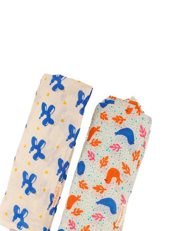 Blue Safari Cotton Muslin Swaddle Wrap for New Born (Pack of 2)