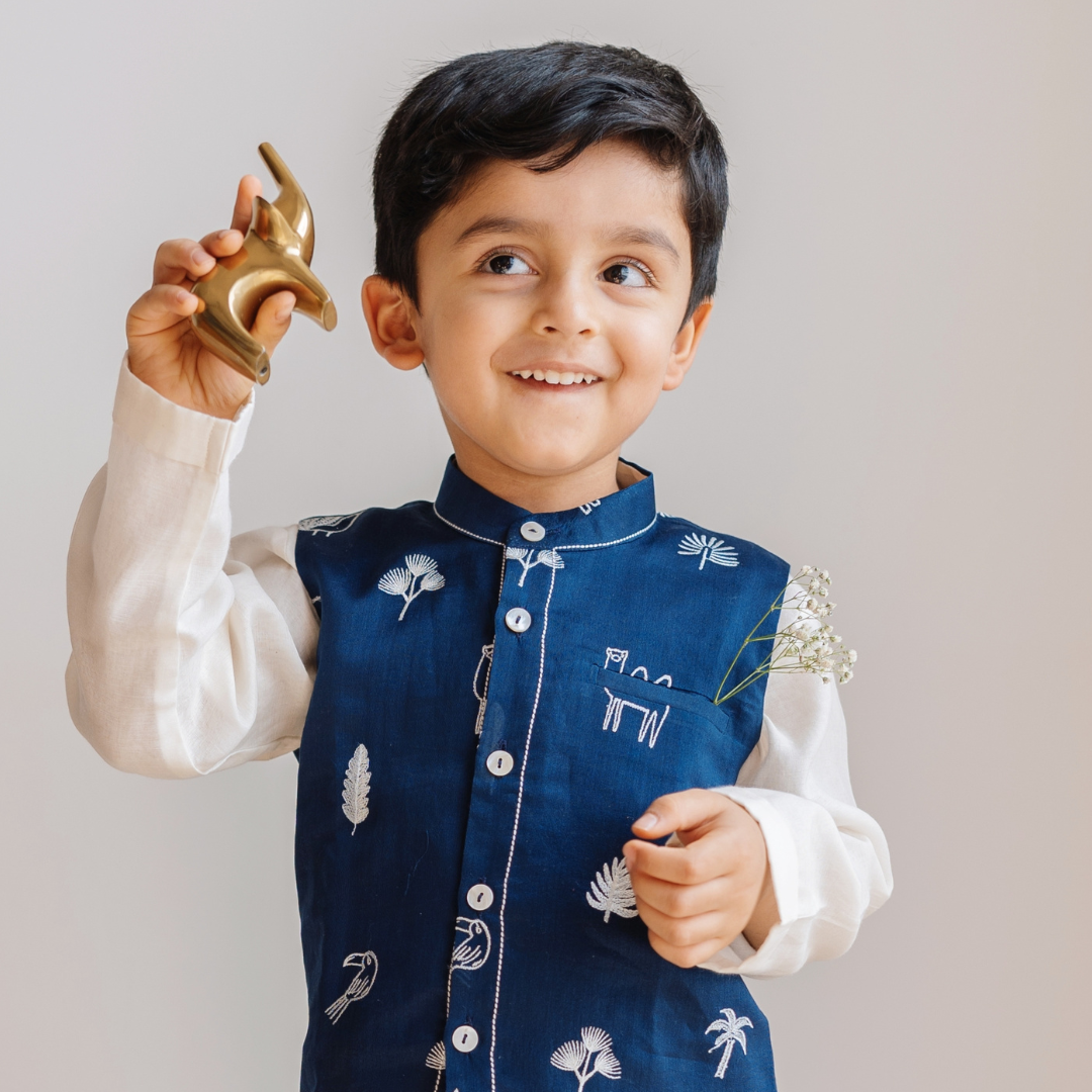 Chanderi Kurta Pyjama & Bandi Set | Embroidered - Magical Jungle (Royal Blue)