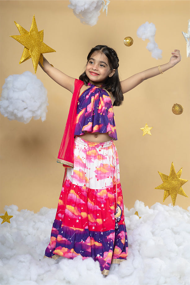 Sky Is The Limit Purple Layered Lehenga and Halter Neck Blouse Set for Girls Little Shiro