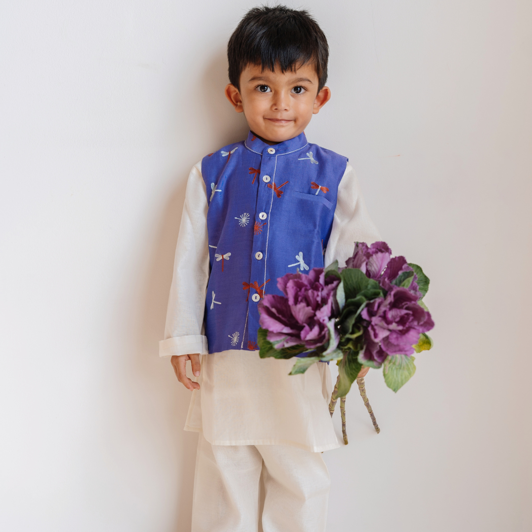 Chanderi Kurta Pyjama & Bandi Set | Embroidered - Dancing with Dragonflies (Amethyst)