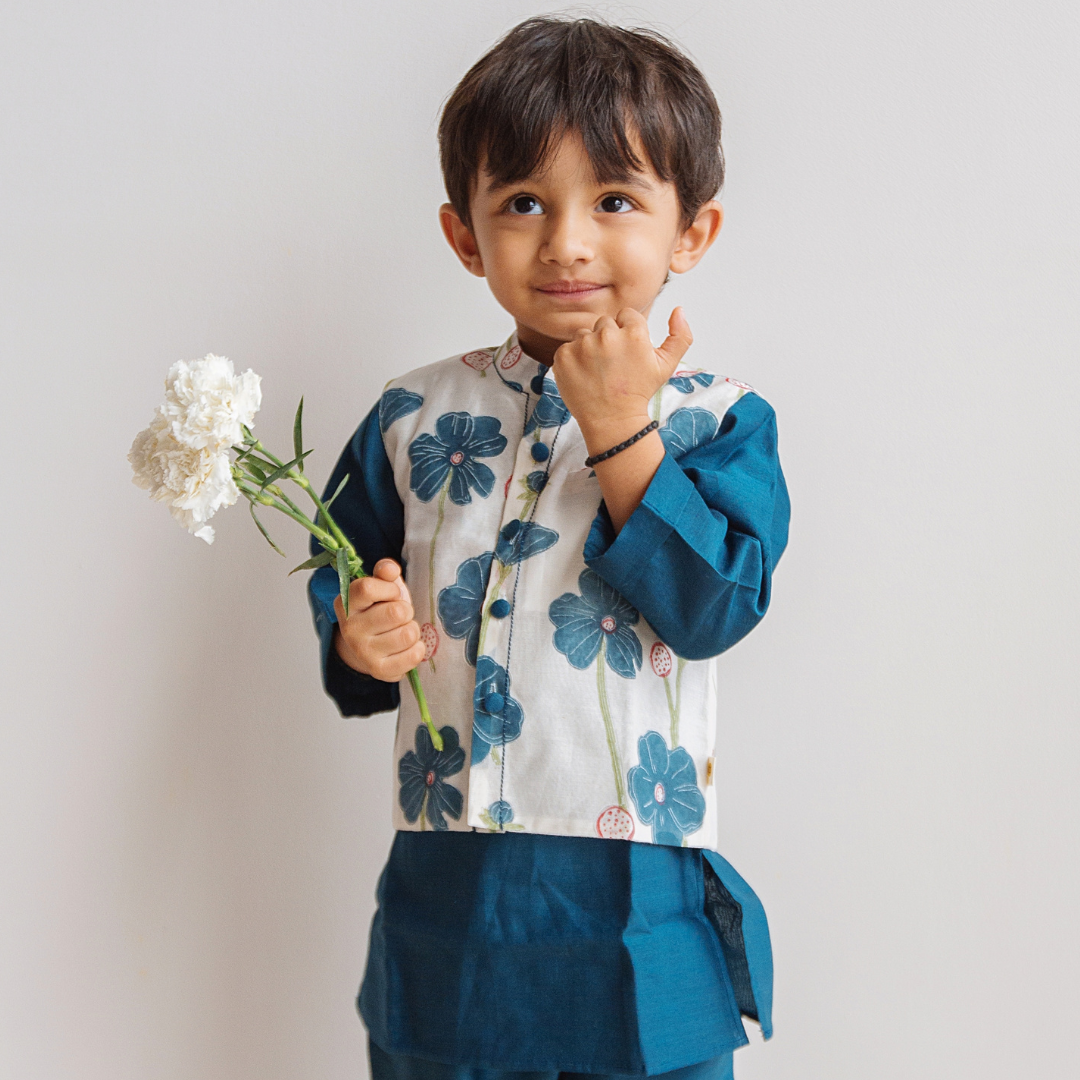 Chanderi Kurta Pyjama & Bandi Set - Poppy Fields (Sapphire)
